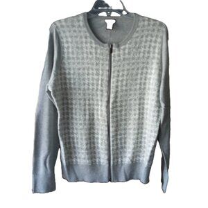 Ann Taylor zip front houndstooth front grey sweater cartigan sz L EUC  /B5
